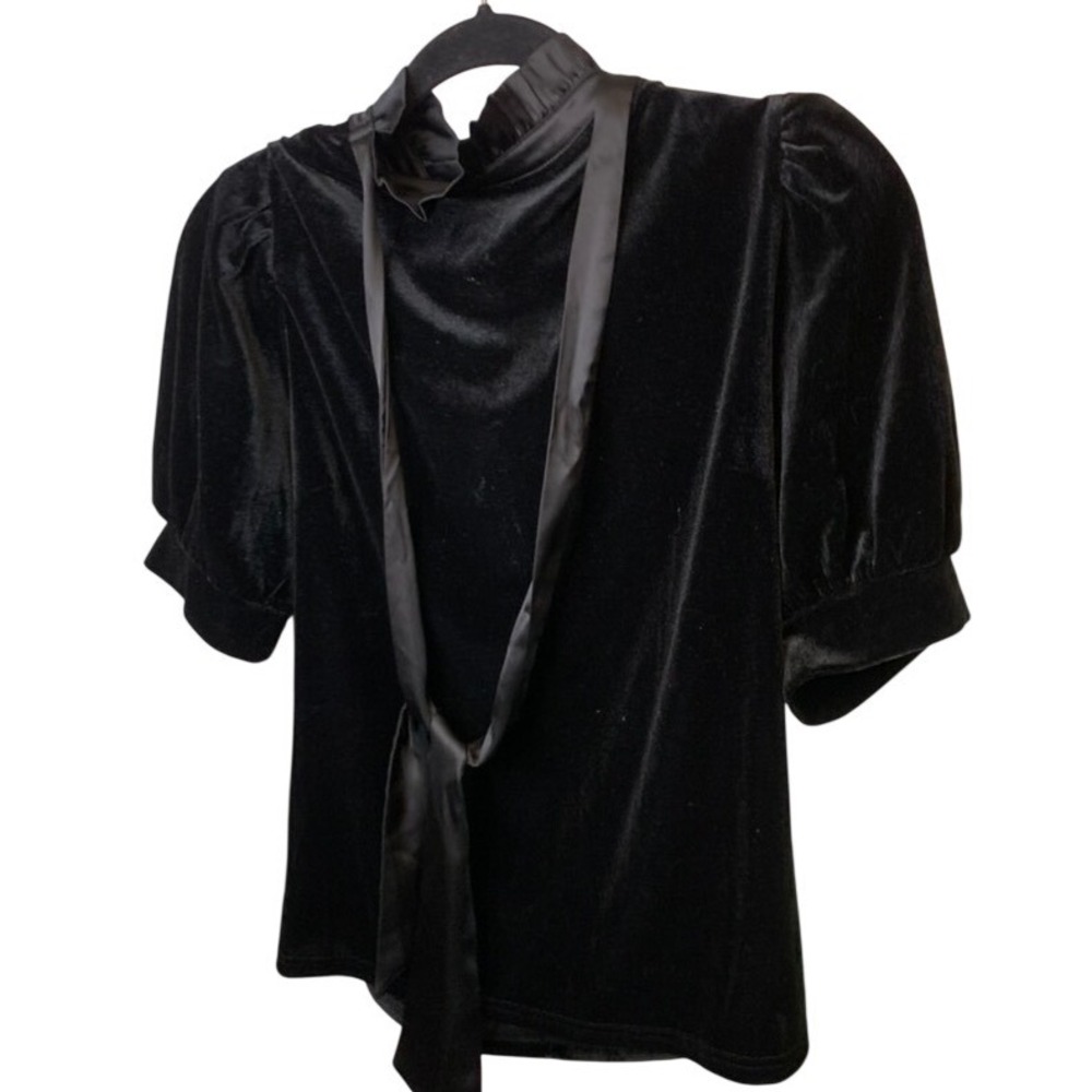 Sugar Lips Black Velvet Mock Neck Ruffle Tie Blouse Puff Sleeve Top